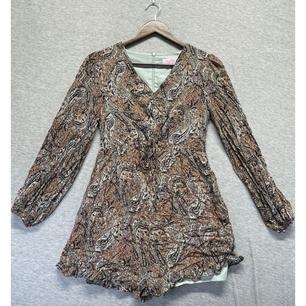 Pink Lily One Piece Romper Women Small Brown Paisley Print Rayon V Neck Back Zip